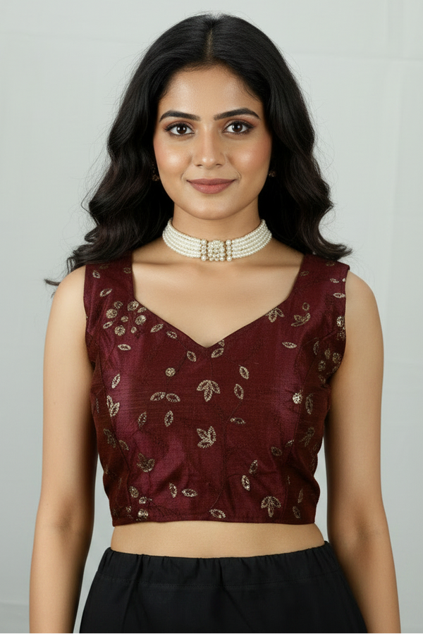 Maroon Designer Padded Ready-to-Wear Blouse with Embroidery, Sleeveless Back Knot, Fully Stitched for Saree