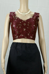 Maroon Designer Padded Ready-to-Wear Blouse with Embroidery, Sleeveless Back Knot, Fully Stitched for Saree