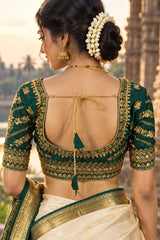 Green Zari Padded Designer Blouse with U-Neck and Floral Butta Work for Saree/Lehenga