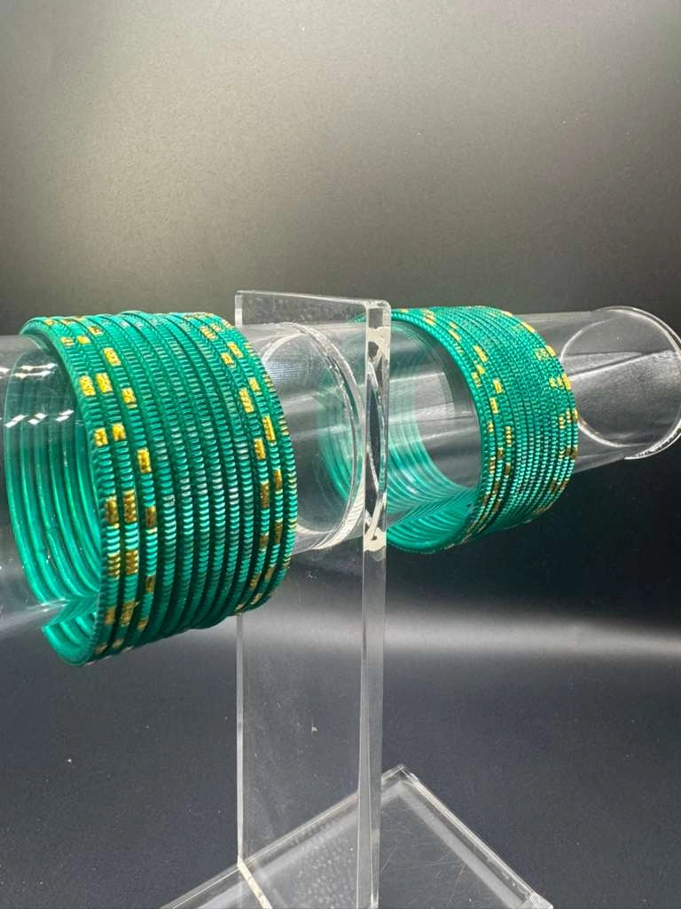 Kids Teal Green Metal Bangles Set of 24 with Gold-Tone Lines
