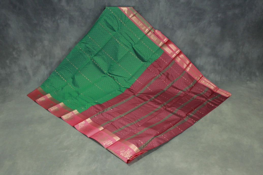 Green Emboss Silk Saree with Floral Design Satin Border and Matching Blouse
