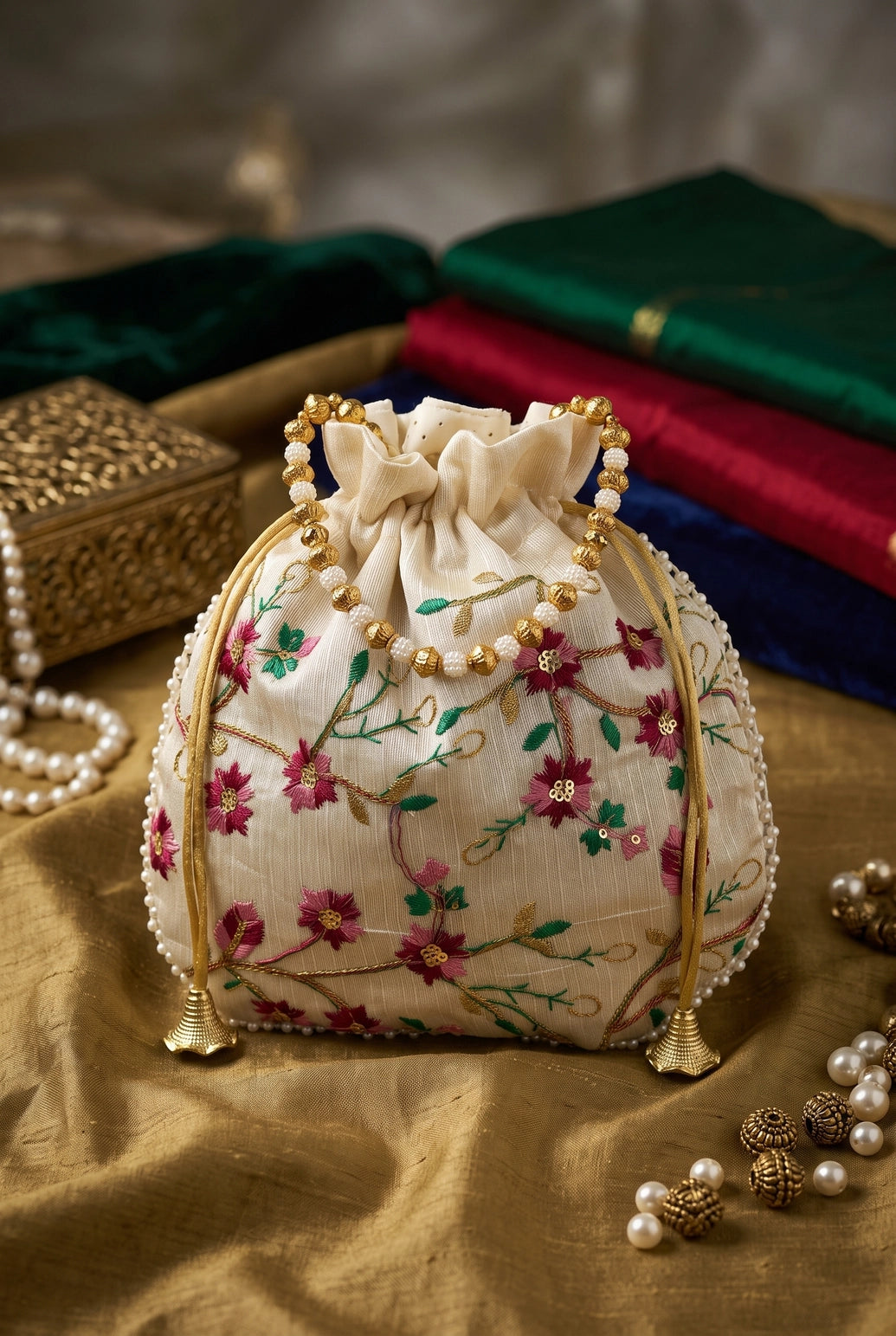 Floral Embroidered Cream Potli Pouch with Drawstring & Pearl Bead Trim for Wedding and Festive Gifting