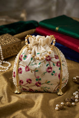 Floral Embroidered Cream Potli Pouch with Drawstring & Pearl Bead Trim for Wedding and Festive Gifting