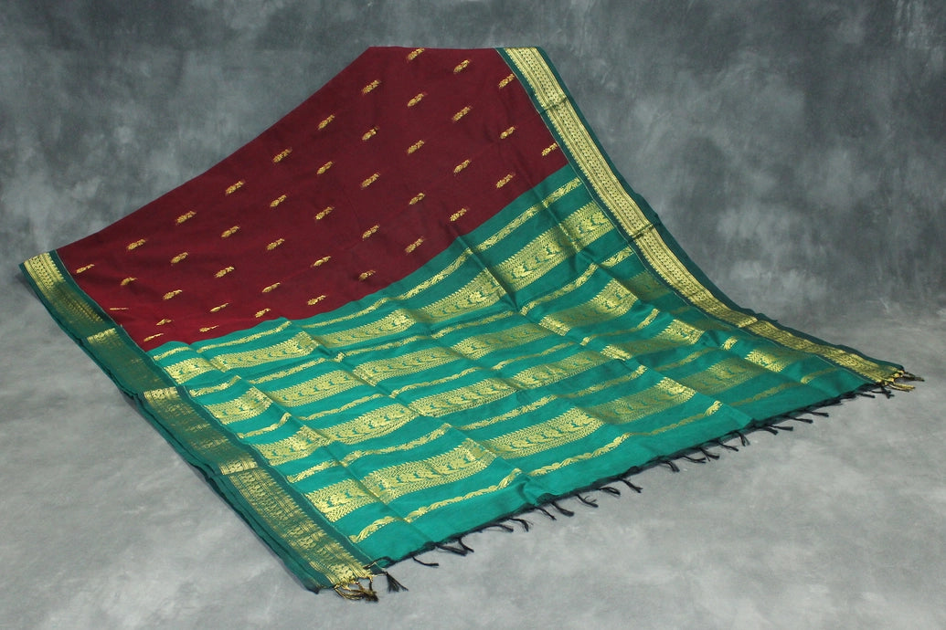 Maroon and Green Silk Cotton Saree with Thick Zari Border and Grand Pallu Saree JCS Fashions