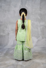 Pista Green Girls Satin Garara 3-Piece Set with Sleeveless Striped Kurti & Silver Embroidered Bands