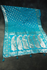 Rama Blue Banarasi Soft Silk Saree with Zari Floral & Mango Motifs and Traditional Border for Women