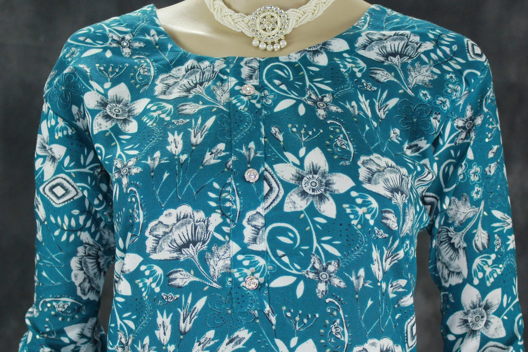 Cotton Blue 2 Piece Kurta Set with Beautiful Printed Design