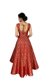 Red Brocade Silk Lehenga with Sleeveless Matching Blouse, Floral Paisley Zari Woven Motifs