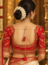 Red Zari Work Padded Designer Blouse with U-Neckline, Butta Floral-Vine Embroidery and Elbow Sleeves