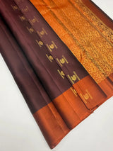 Soft Silk Saree with Contrast Border and Traditional Motif Print, Peach & Grey Ethnic Wear for Women