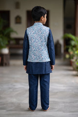 Boys Teal Blue 3-Piece Koti Kurta Set with Printed Sleeveless Koti, Long Kurta and Matching Pants