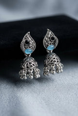 Sea Blue Oxidized Silver-Tone Leaf Jhumka Earrings with Carved Dome & Ghungroo Beads for Women