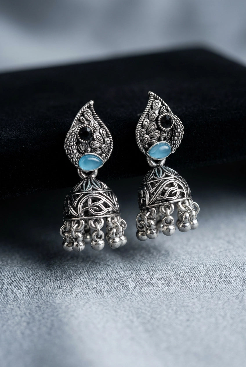 Sea Blue Oxidized Silver-Tone Leaf Jhumka Earrings with Carved Dome & Ghungroo Beads for Women