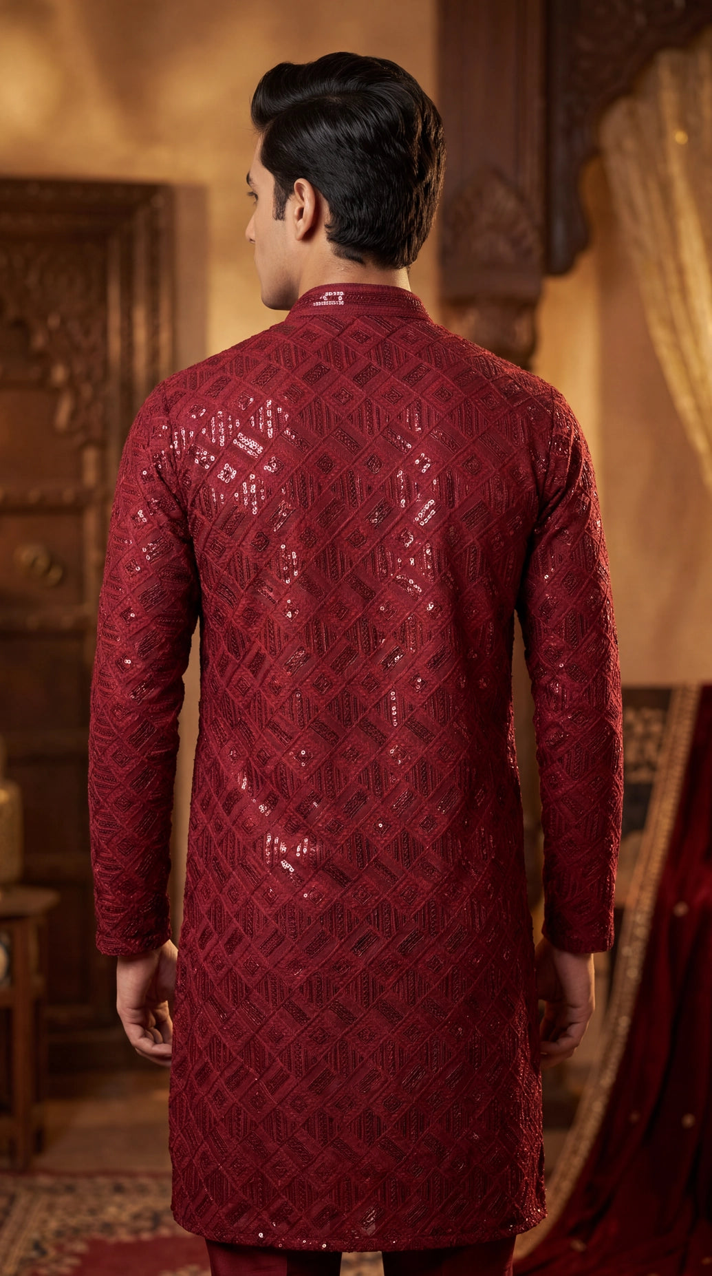 Men’s Red Chikankari Cotton Kurta with Sequin Embroidery (Pareek) for Festive Wear