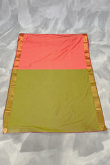 Coral Soft Silk Saree with Delicate Gold Zari Buttas and Floral Border, Saree for Women
