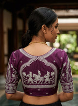 Purple Readymade Designer Padded Silk Blouse with Embroidery, Fully Stitched, Elbow Sleeve
