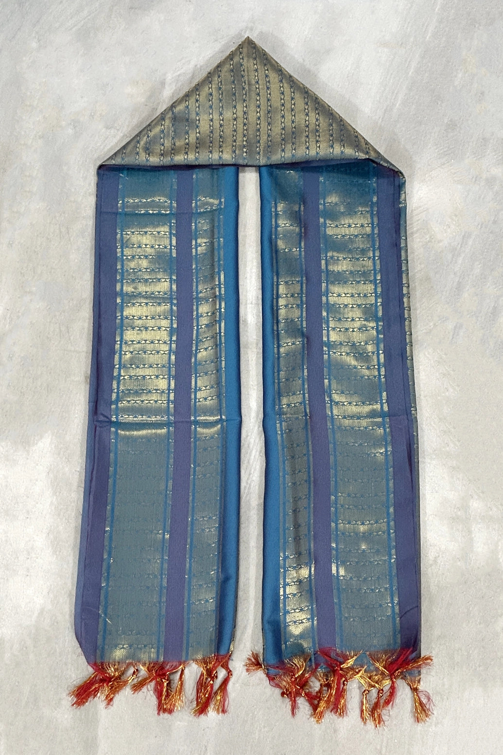 Sky Blue Ponnadai Poly Silk Jacquard Temple Shawl with Zari Pattern & Tassels for Pooja Weddings Functions