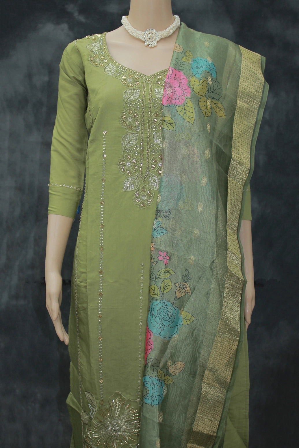 Olive Green Roman Silk 3-Piece Kurti Set with Beads & Aari Work and Digital Jacquard Dupatta