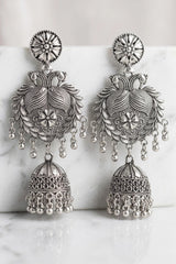 Oxidized Black Silver Jhumka Earrings with Floral Leaf Engraving and Dangling Beads for Traditional Wear