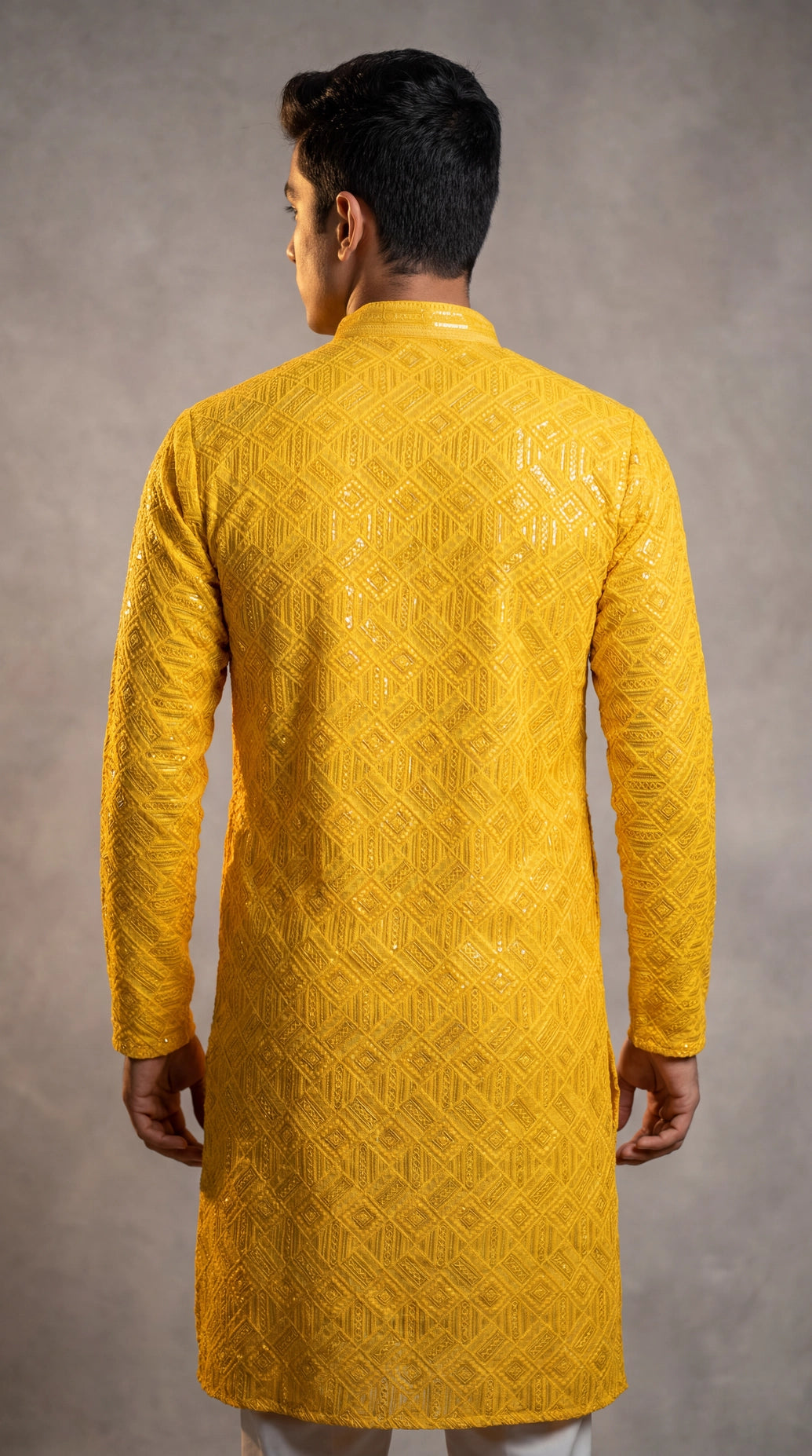 Men’s Yellow Chikankari Cotton Kurta with Sequin Embroidery, Pareek Work