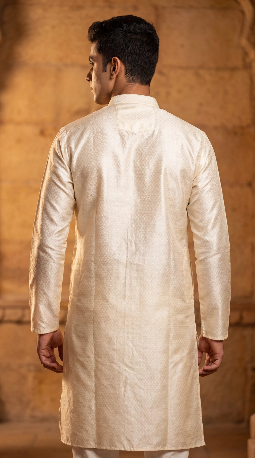 Men’s Cream Self-Textured Royal Look Kurta, Traditional Straight Fit for Festive Wear