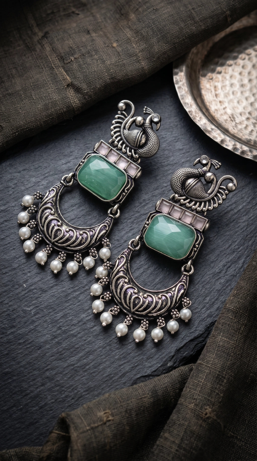 Mint Green Peacock Motif Antique Style Drop Earrings with Crystals and Pearl Drops for Women