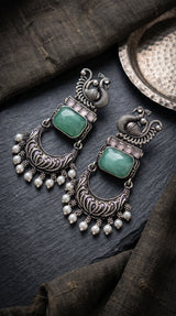 Mint Green Peacock Motif Antique Style Drop Earrings with Crystals and Pearl Drops for Women