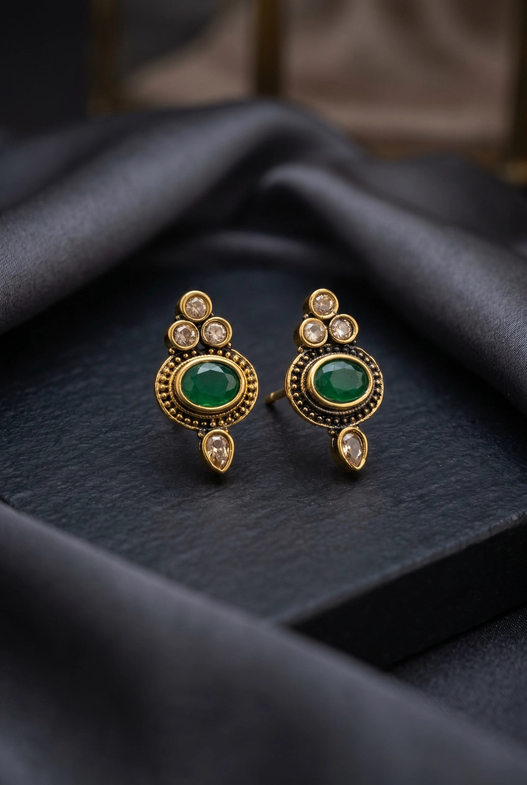 Green Oval Stud Earrings with Antique Gold-Tone Beaded Detailing, Traditional Ethnic Wear for Women