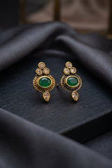 Green Oval Stud Earrings with Antique Gold-Tone Beaded Detailing, Traditional Ethnic Wear for Women