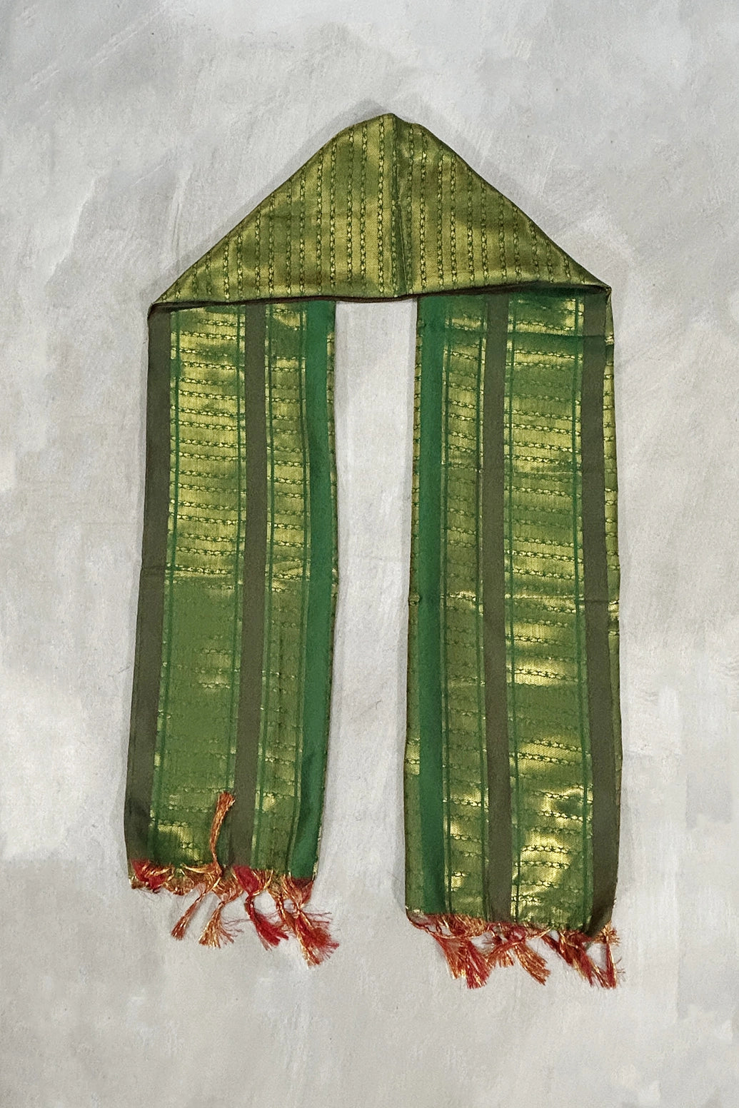 Green Ponnadai Poly Silk Jacquard Shawl with Zari Pattern and Tassels for Temple, Pooja, Weddings & Functions