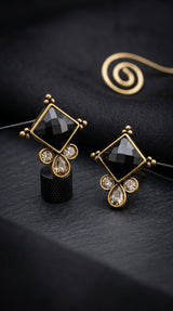 Black Stone Square Drop Stud Earrings with Crystal Teardrop Accents, Gold-Tone Ethnic Fashion Jewellery