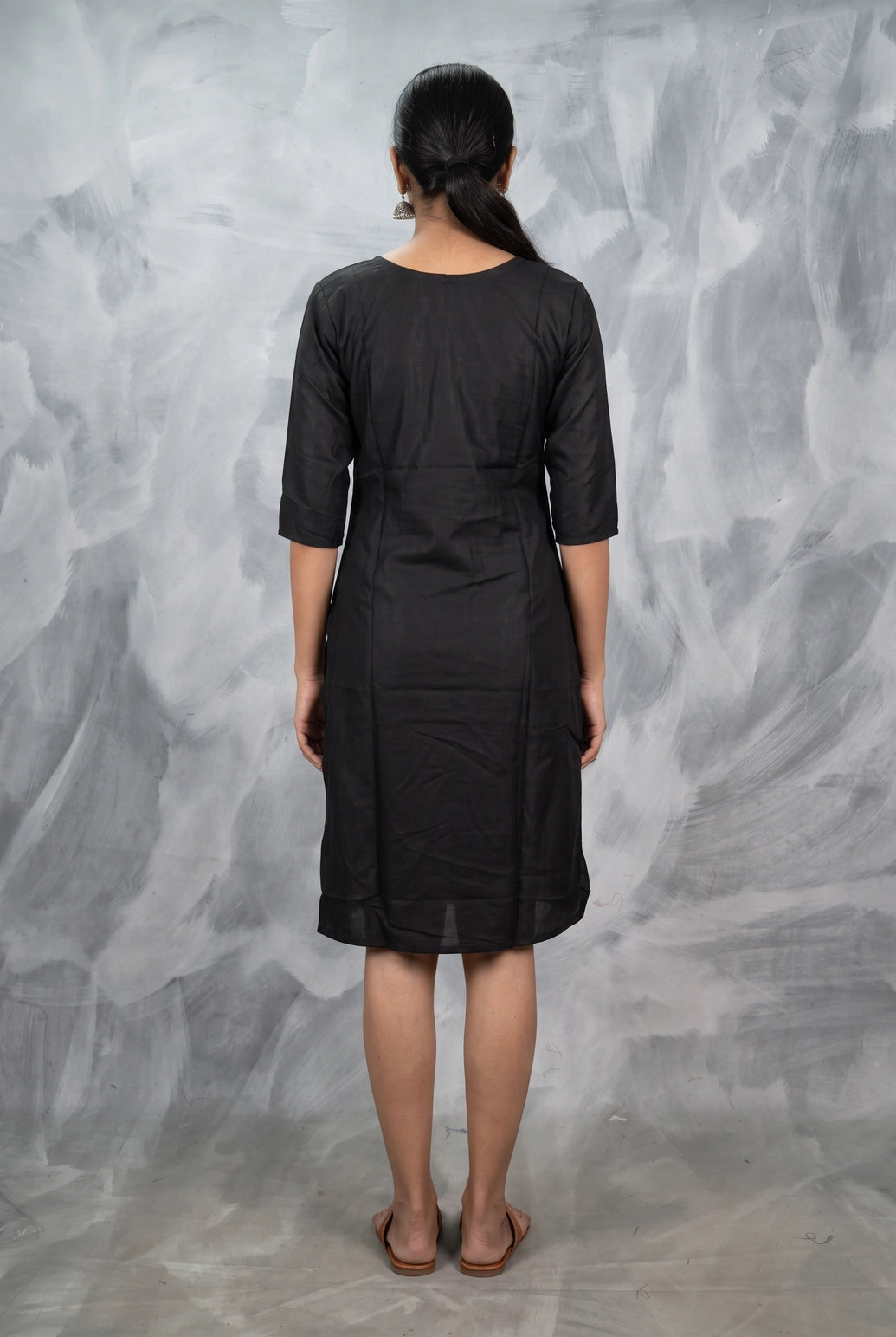 Black Two-Tone Printed Kurti with Round Neck, 3/4 Sleeves & Front Button Detailing