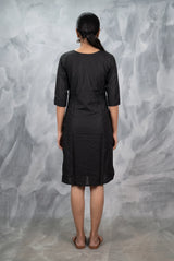 Black Two-Tone Printed Kurti with Round Neck, 3/4 Sleeves & Front Button Detailing