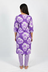 Lavender Floral Cotton Kurti with Elastic Pant Set for Women (2-Piece)