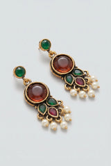 Maroon & Red Stone Drop Pearl Bead Earrings, Gold-Tone Antique Finish, Traditional Chandelier Style for Women