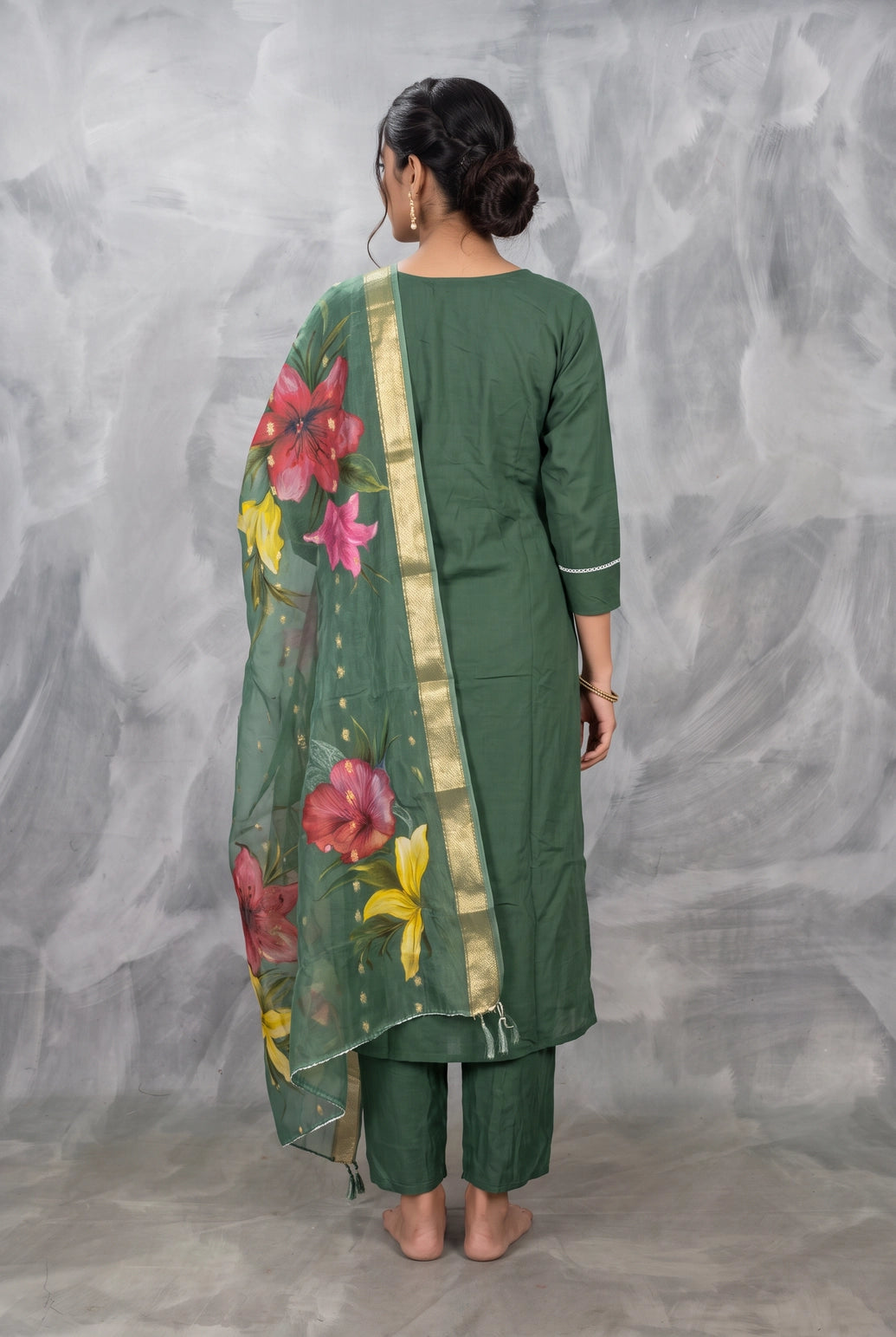 Deep Bottle Green Roman Silk 3-Piece Kurti Set with Elastic Pant and Digital Jacquard Dupatta