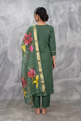 Deep Bottle Green Roman Silk 3-Piece Kurti Set with Elastic Pant and Digital Jacquard Dupatta