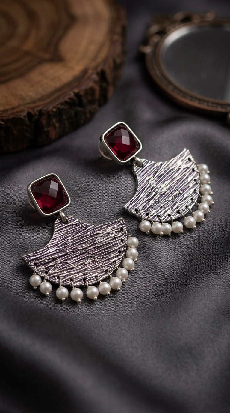 Maroon Stone Tassel Earring with Textured Triangular Dangle, Silver-Tone Party Wear Jewellery