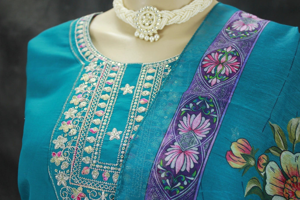 Elegant Teal Roman Silk 3 Piece Set with Digital Dupatta