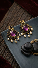Purple Stone & Pearl Drop Antique Gold-Tone Statement Earrings for Women, 1.5 inch