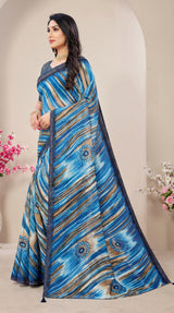 Sky Blue Jasmin Zomato Georgette Saree with Striped Pattern & Floral Motifs Border