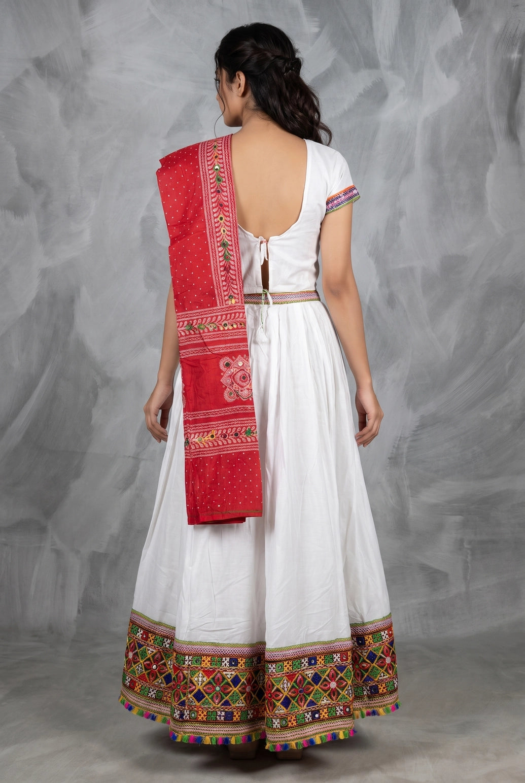 White Navratri Chaniya Choli with Kutchi Mirror Work Choli and Flared Lehenga Skirt Set