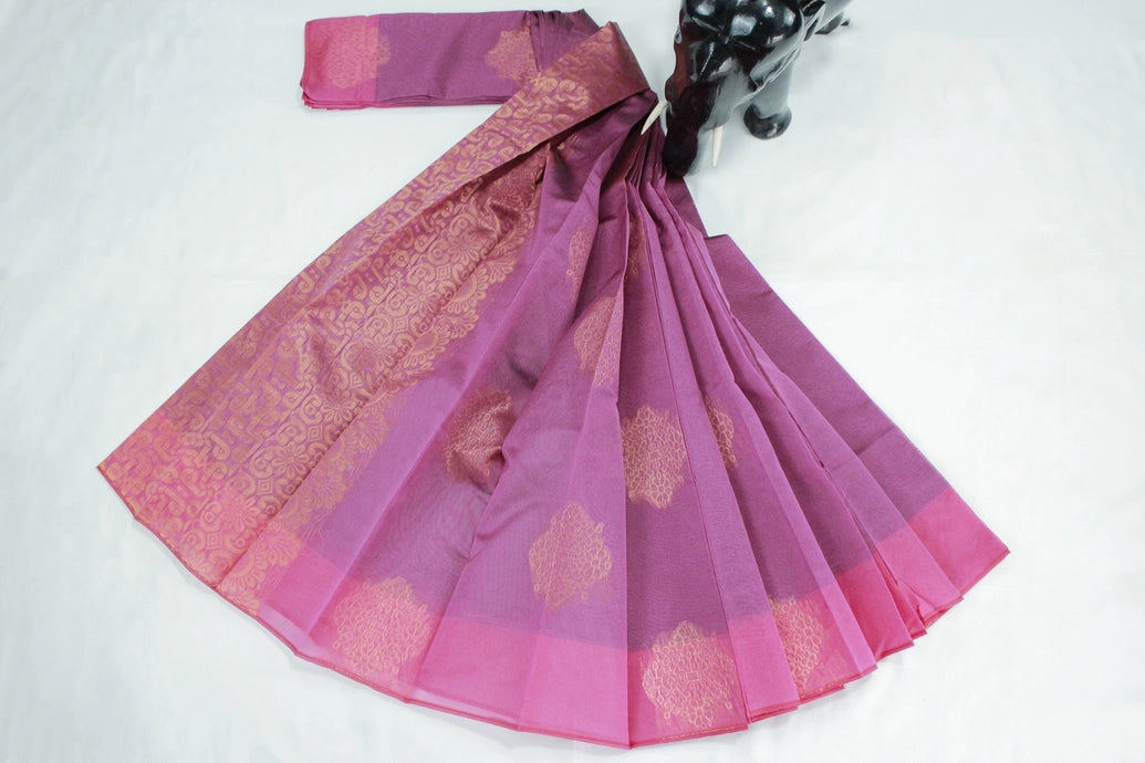 Purple Silk Cotton Saree with Zari Border and All-over Motif Design, Blouse Included