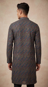 Men’s Grey Cotton Kurta with Leaf Embroidery and Gold Dot Work by Pareek