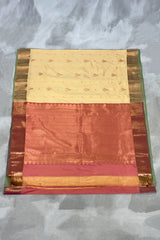 Cream Korvai Soft Silk Saree with Delicate Gold Zari Buttas and Traditional Floral Border with Blouse