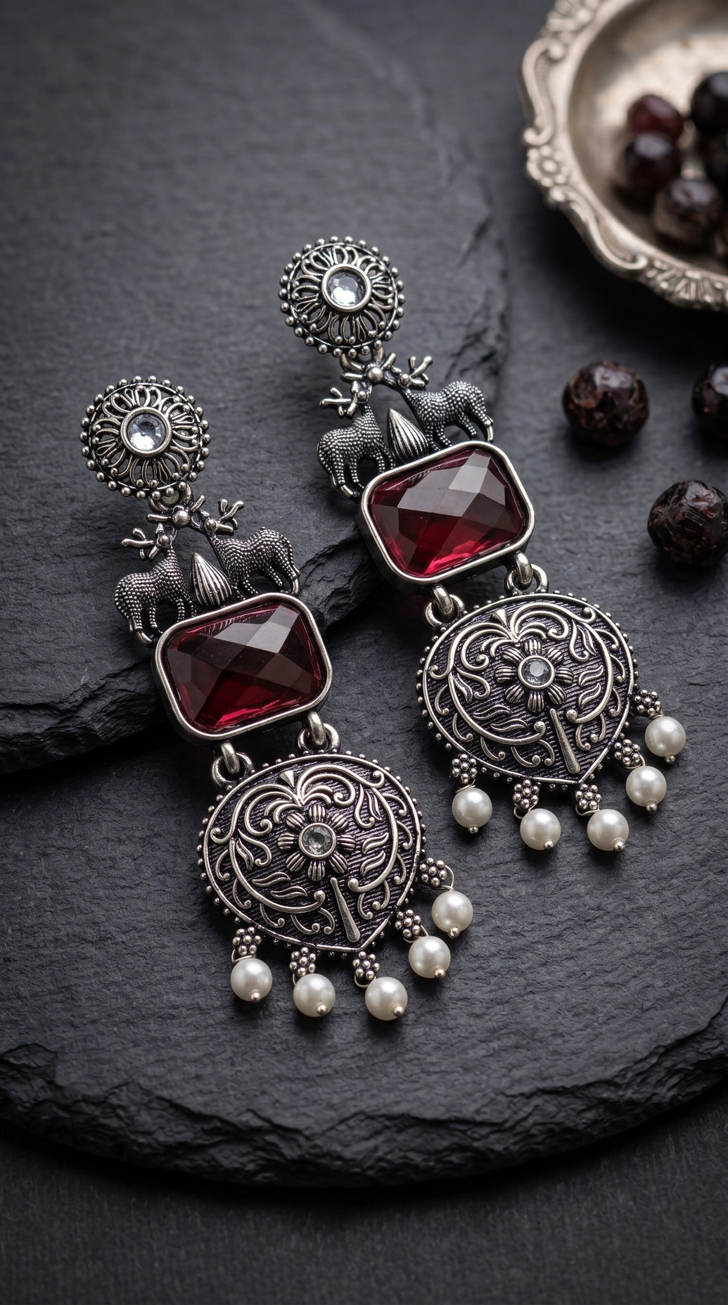 Purple Stone Dangle Earrings in Silver-Tone Triangular Textured Ethnic Design for Festive Party Wear