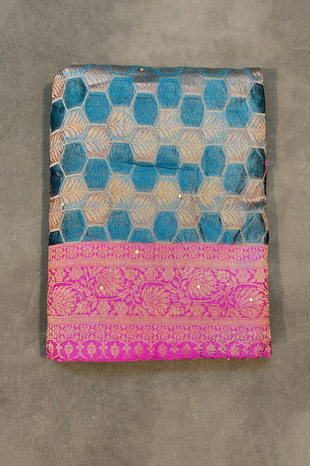 Madhumita Fancy Teal Cotton Organza Saree with Floral Pallu and Stone Work Designer Blouse