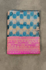 Madhumita Fancy Teal Cotton Organza Saree with Floral Pallu and Stone Work Designer Blouse