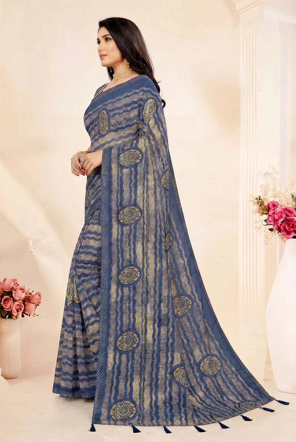 Navy Blue Georgette Saree with Zomato Jasmin Print, Striped Pattern and Contrast Border