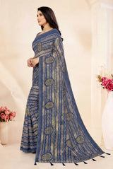 Navy Blue Georgette Saree with Zomato Jasmin Print, Striped Pattern and Contrast Border